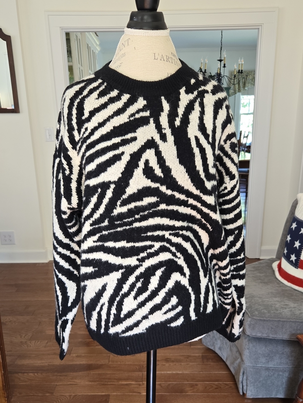 Vince Camuto Black and White Zebra-Print Crewneck Sweater